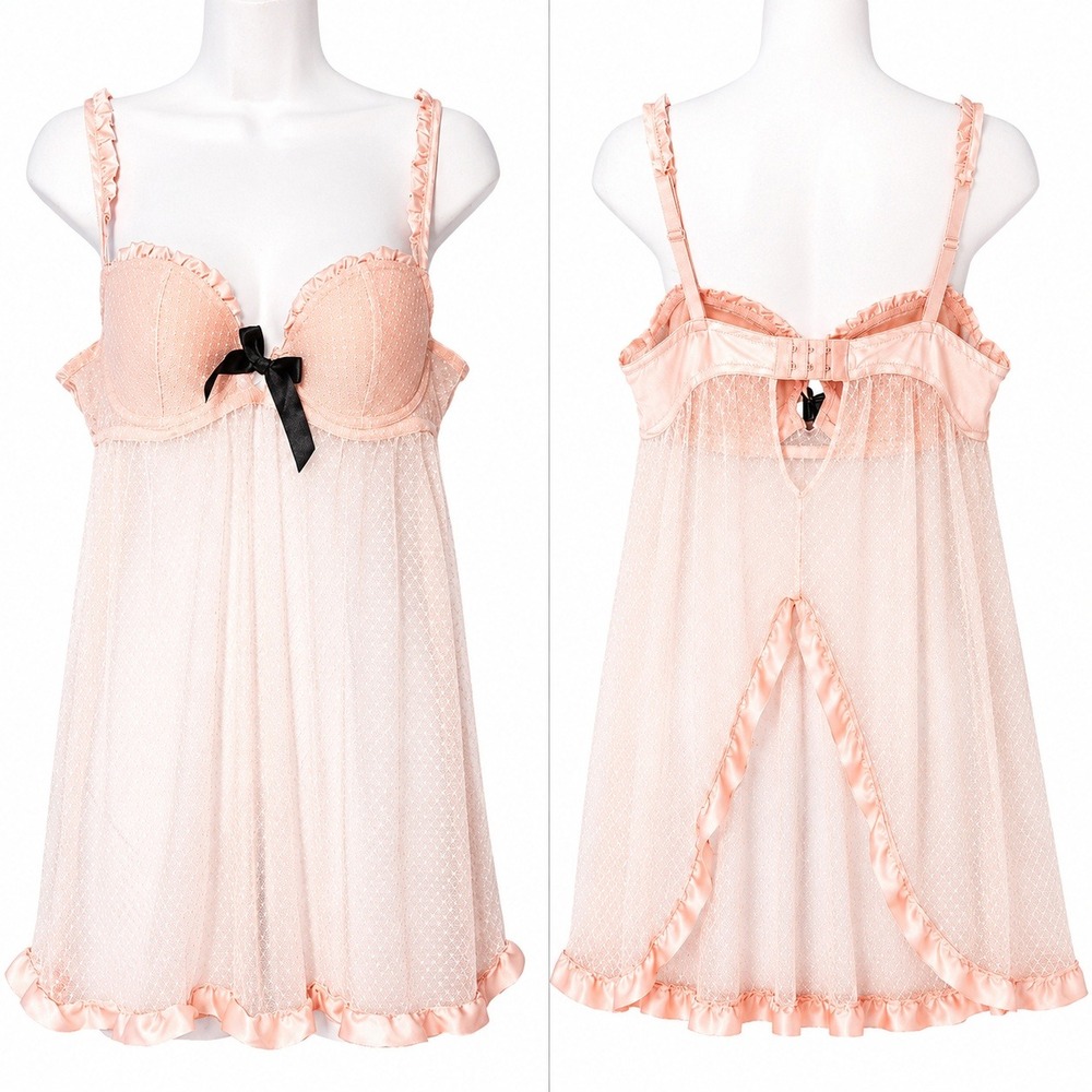 NEW Sheer Pink Polka Dot Babydoll Chemise Women M Mesh‎ Lace Lingerie Coquette